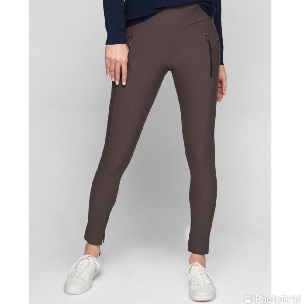 Athleta Stellar Tight Pants Brown Travel Ankle Zip Pockets Raw Hem Size Small
